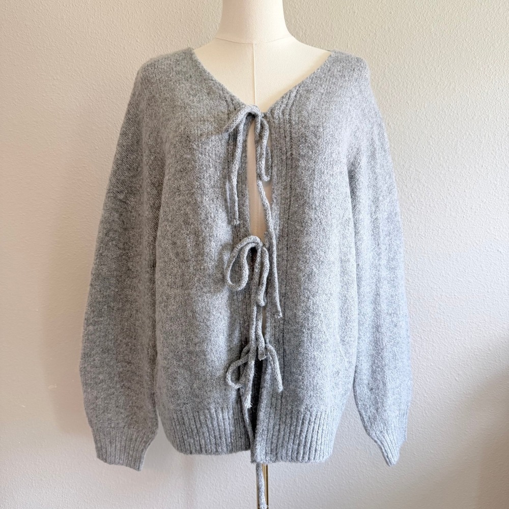 NWT PrettyGarden Grey Chunky Knit Oversized Cardigan Front Tie Bow Puff Sleeve S